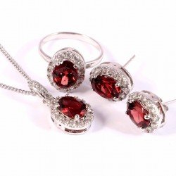 Silver Jewellery Set Natural Garnet Red