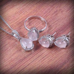 Redgem Silver 925 Jewellery Set Natural Rose Quartz Pink