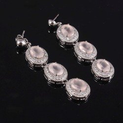 Redgem Natural Rose Quartz Pink 925 Silver Dangle Earrings