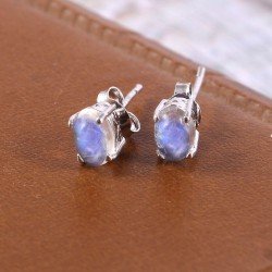 Redgem Natural Rainbow Moonstone White 925 Silver Stud Earrings
