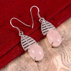 Redgem jewelery Silver Dangle Earrings Natural Rose Quartz Pink