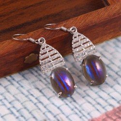 Redgem Silver Dangle Earrings Natural Labradorite Grey Blue Fire