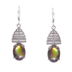 Redgem Silver Dangle Earrings Natural Labradorite Grey Golden Fire