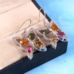Redgem Silver Dangle Earrings Natural Tourmaline Multi