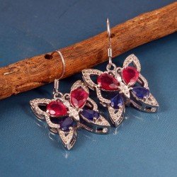 Redgem Silver Dangle Earrings Natural Blue Sapphire Ruby