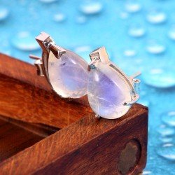 Silver Stud Earrings Natural Rainbow Moonstone White