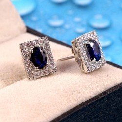 Silver Stud Earrings Precious Gem Natural Blue Sapphire