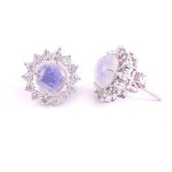 Redgem Natural Rainbow Moonstone White Silver Stud Earrings