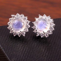 Redgem Natural Rainbow Moonstone White Silver Stud Earrings