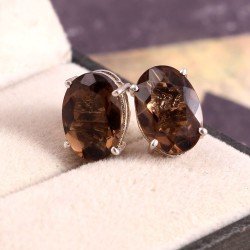 Redgem Silver 925 Stud Earrings Natural Smoky Quartz Brown