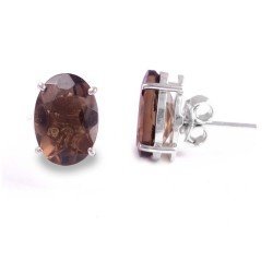 Redgem Silver 925 Stud Earrings Natural Smoky Quartz Brown