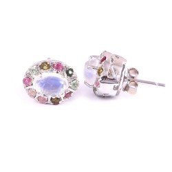 Redgem Silver Stud Earrings Natural Rainbow Moonstone White
