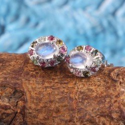 Redgem Silver Stud Earrings Natural Rainbow Moonstone White
