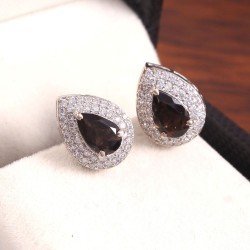 Redgem Silver Stud Earrings Natural Smoky Quartz Brown