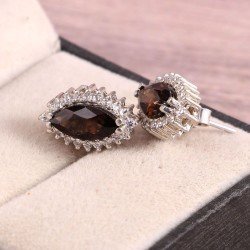 Redgem Natural Smoky Quartz Brown Silver 925 Stud Earrings