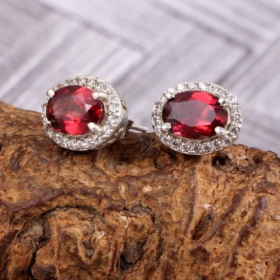 Buy Floral Colorstone Statement Sterling Silver Stud Earrings  Red by  Mannash Jewellery