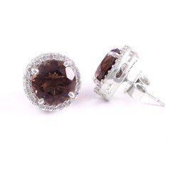 Redgem Silver 925 Stud Earrings Brown Natural Smoky Quartz 