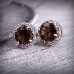 Redgem Silver 925 Stud Earrings Brown Natural Smoky Quartz 