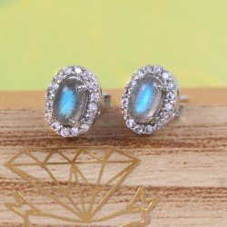Redgem 925 Silver Stud Earrings for Women Natural Labradorite Grey 4X6 MM Oval