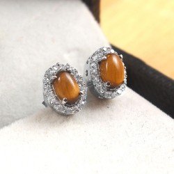 Redgem 925 Silver Stud Earrings for Women Natural Tiger Eye Tiger Color 4X6 MM Oval