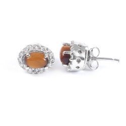Redgem 925 Silver Stud Earrings for Women Natural Tiger Eye Tiger Color 4X6 MM Oval