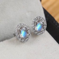 Redgem 925 Silver Stud Earrings for Women Natural Rainbow Moonstone White 4X6 MM Oval