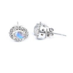Redgem 925 Silver Stud Earrings for Women Natural Rainbow Moonstone White 4X6 MM Oval