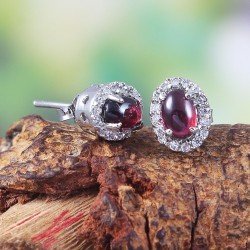 Redgem 925 Silver Stud Earrings for Women Natural Garnet Red 4X6 MM Oval