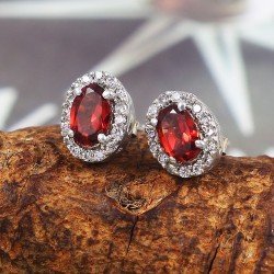 Redgem 925 Silver Stud Earrings for Women Natural Garnet Red 4X6 MM Oval
