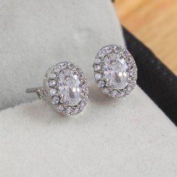 Redgem 925 Silver Stud Earrings for Women Natural Zircon Colorless 4X6 MM Oval