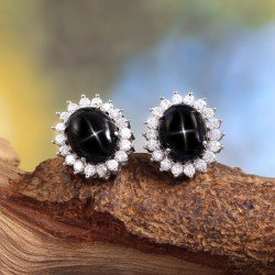 Redgem 925 Silver Stud Earrings for Women Natural Blackstar Black 9X11 MM Oval