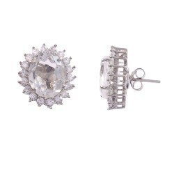 Redgem 925 Silver Stud Earrings for Women Natural Rock Crystal Colorless 9X11 MM Oval