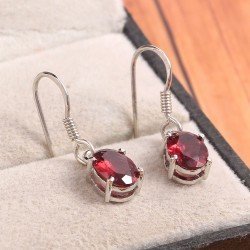Redgem 925 Silver Dangle Earrings for Women Natural Garnet Red 6X8 MM Oval