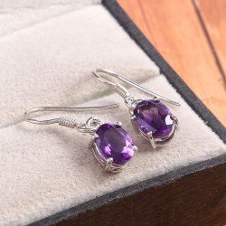Redgem 925 Silver Dangle Earrings for Women Natural Amethyst Purple 6X8 MM Oval