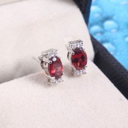 Redgem 925 Silver Stud Earrings for Women Natural Garnet Red 5X7 MM Oval