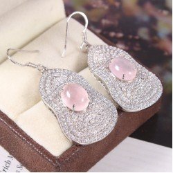 Redgem 925 Silver Dangle Earrings for Women Natural Rose Quartz Pink 8X10 MM Oval