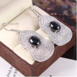 Redgem 925 Silver Dangle Earrings for Women Natural Hematite Black 8X10 MM Oval