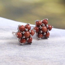 Redgem 925 Silver Stud Earrings Natural Sunstone Orange