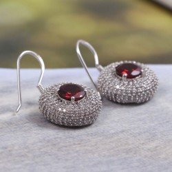 Redgem 925 Silver Dangle Earrings Natural Garnet Red