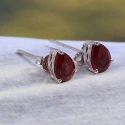 Redgem Silver 925 Stud Earrings Natural Garnet Red