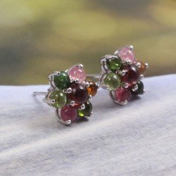 Redgem 925 Silver Stud Earrings Natural Tourmaline Multi