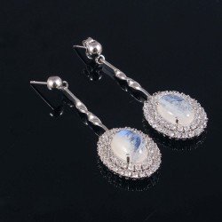 Silver Natural Rainbow Moonstone White Dangle Earrings