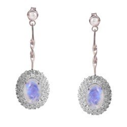 Silver Natural Rainbow Moonstone White Dangle Earrings