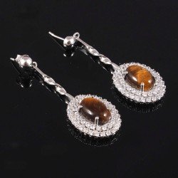 Silver Dangle Earrings Natural Tiger Eye