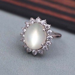 Redgem 925 Silver Ring for Women and Girls Natural Moonstone White 10X12 MM Oval