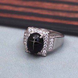 Redgem 925 Silver Ring for Women and Girls Natural Blackstar Black 9X11 MM Oval
