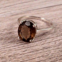 Redgem 925 Silver Ring for Women and Girls Natural Smoky Quartz Brown 10X12 MM Oval