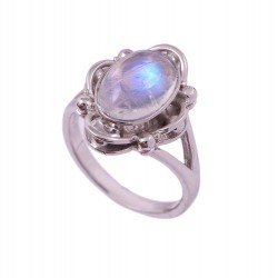 Redgem 925 Silver Ring for Girls Natural Rainbow Moonstone White 8X12 MM Oval