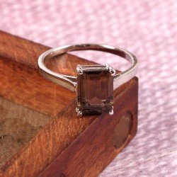 Redgem 925 Silver Ring for Women Natural Smoky Quartz Brown 7X9 MM Rectangle