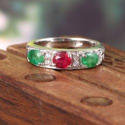 Redgem 925 Silver Ring for Women and Girls Natural Emerald Ruby Oval